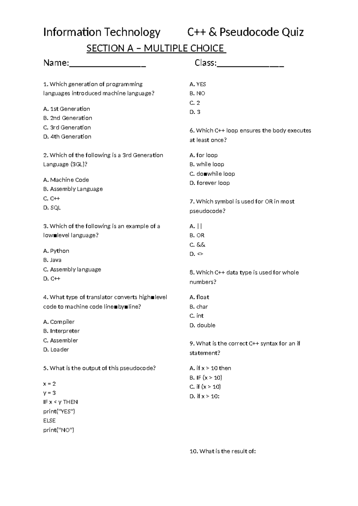 IT Pseudocode Quiz - Graded Work for 5th Form - Studocu