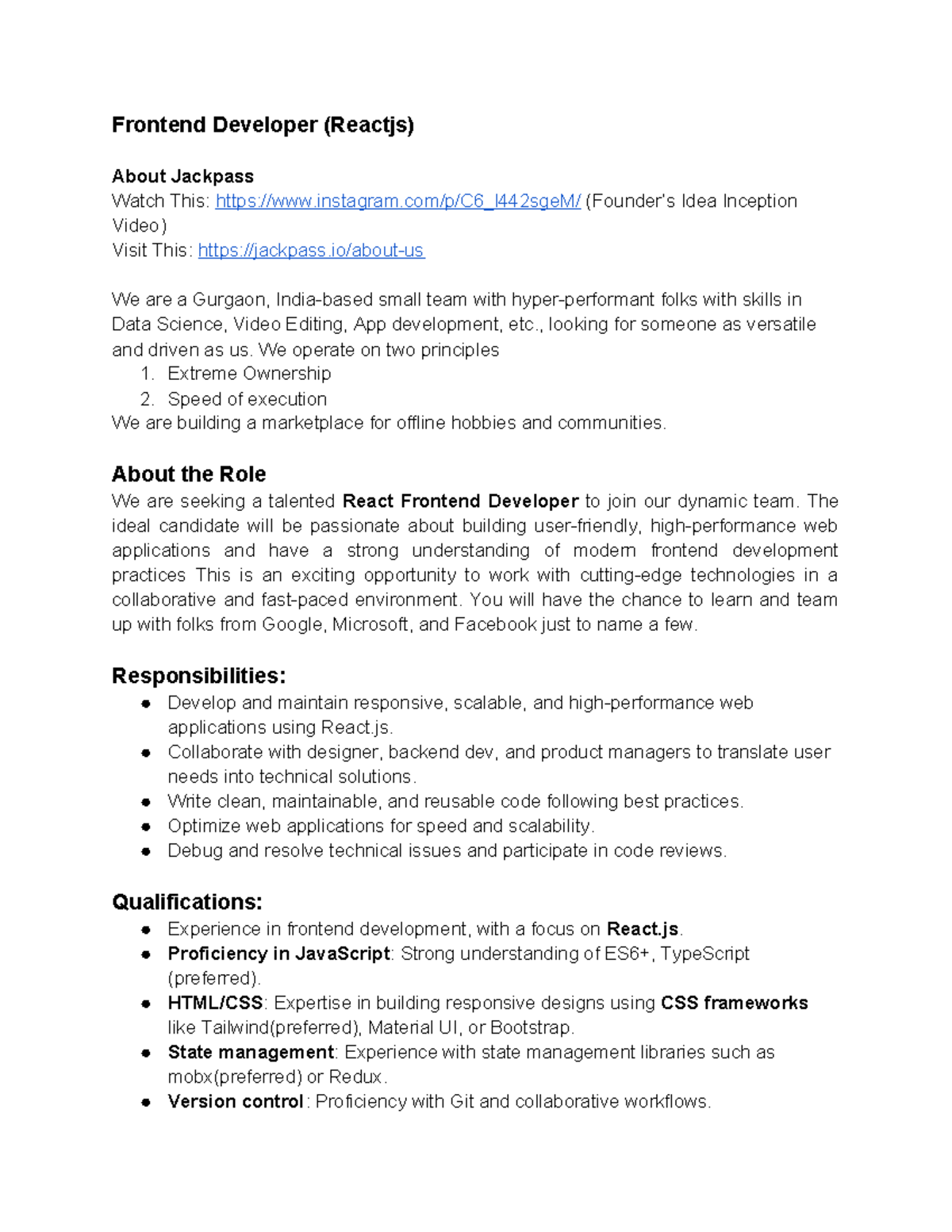 Front End Developer JD - simple job description - Frontend Developer ...