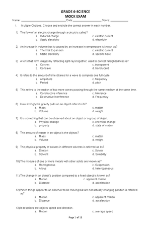 Science Grade 6 Midterm EXAM SEM2 - Sarasas Witaed Samut Prakan School ...