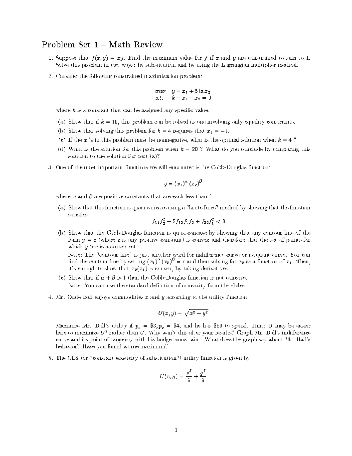 PS1 - Math Review: Constrained Maximization Techniques - Studocu