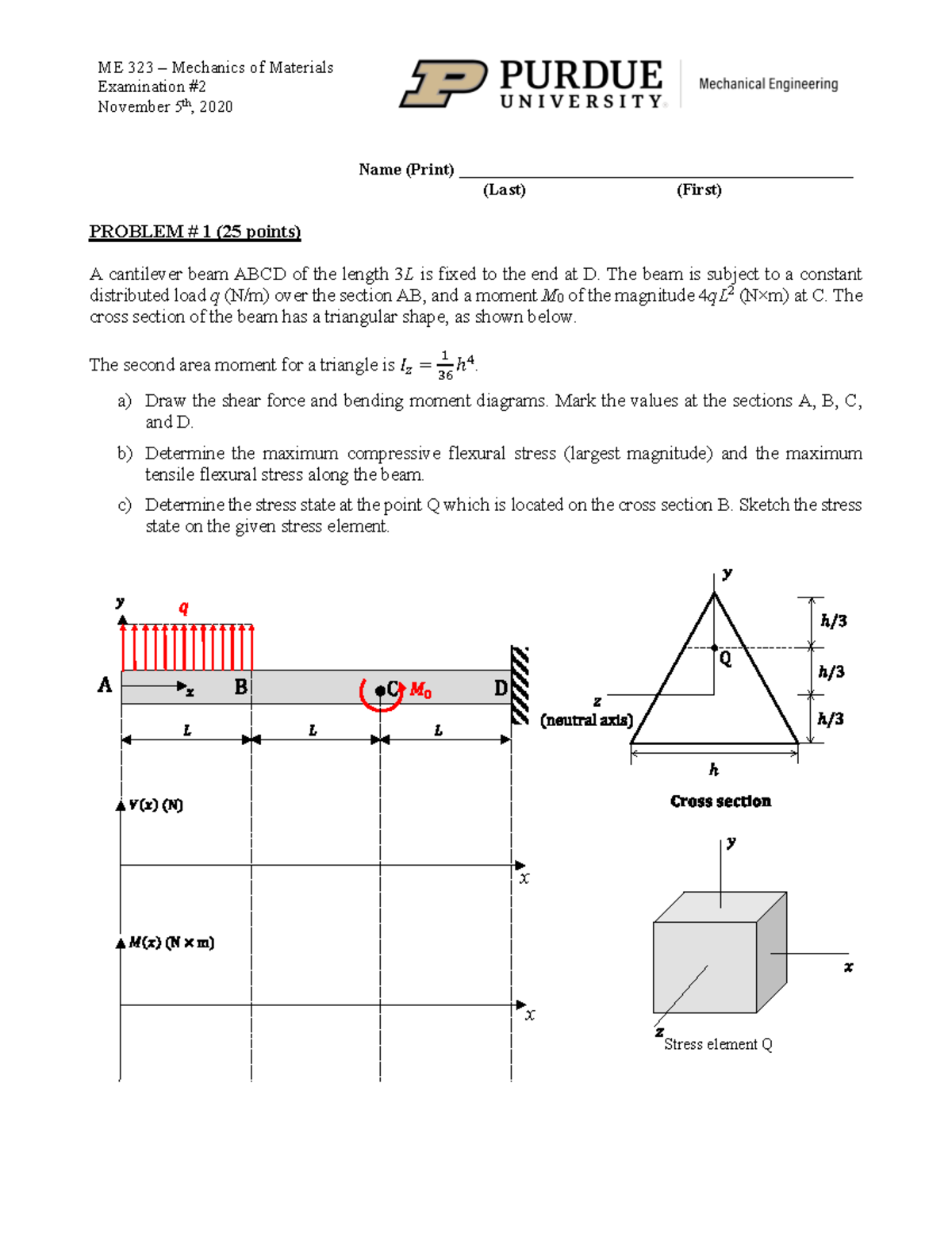 ME323 Exam2 FA2020 PM Sln - ME 323 – Mechanics of Materials Examination ...