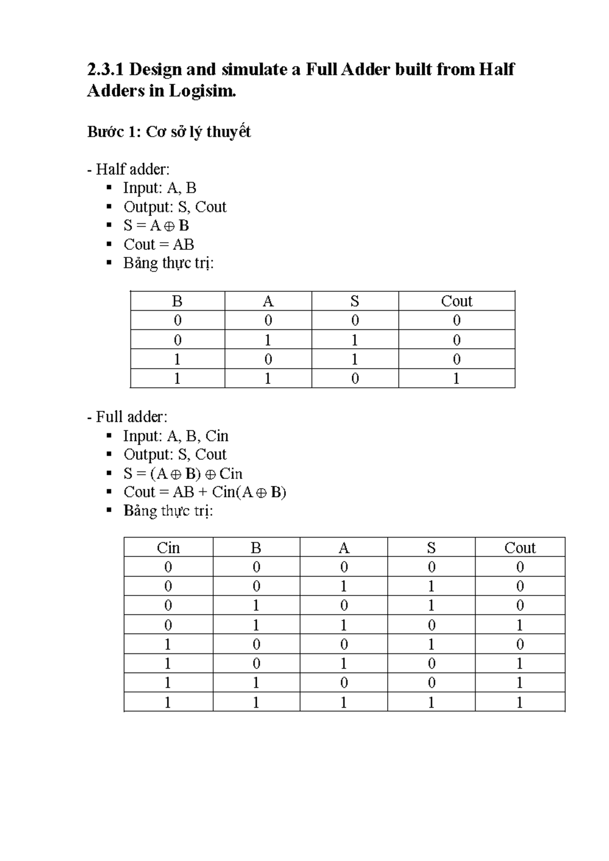 Lab 4.2: Full Adder Design & Simulation Using Half Adders in Logisim ...