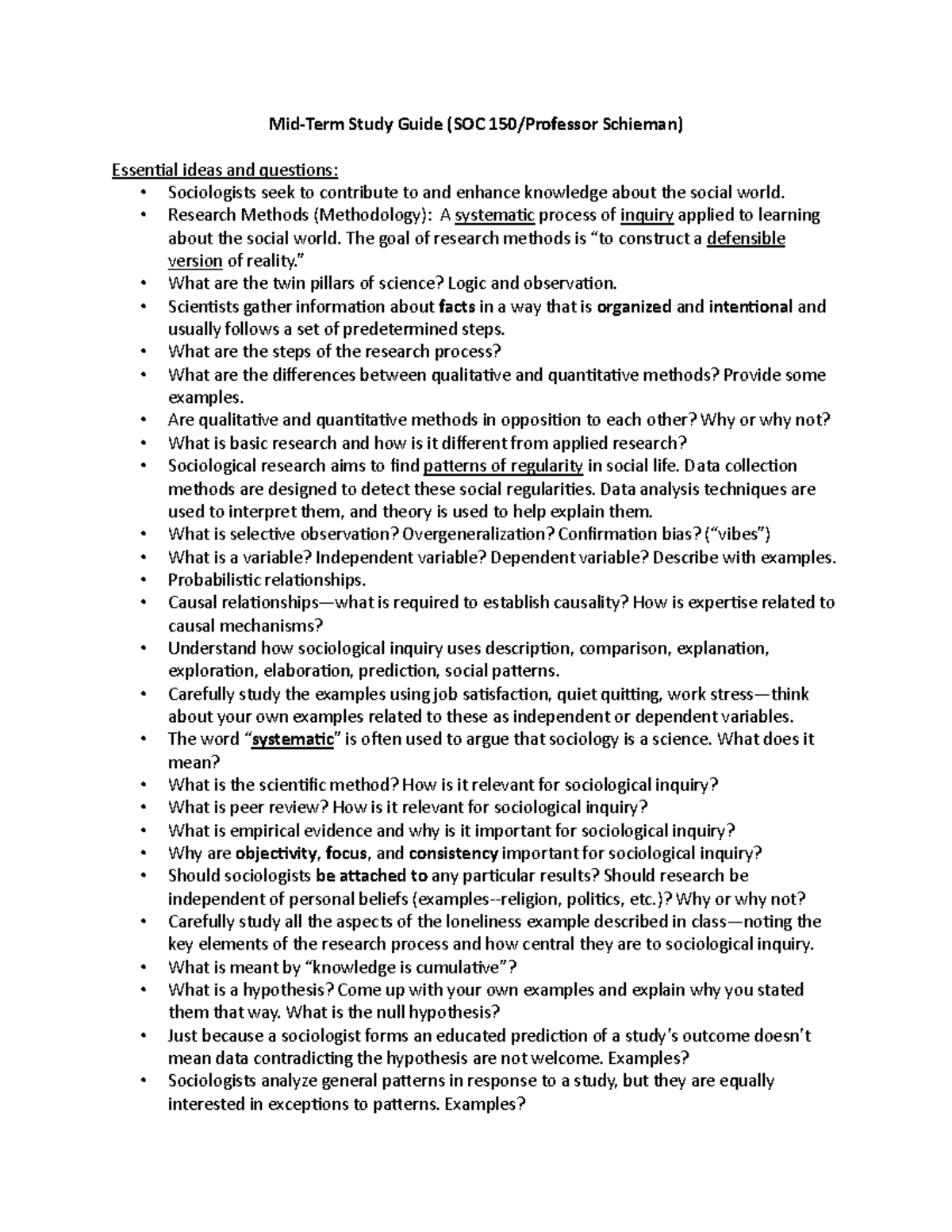 SOC 150 Mid-Term Exam Study Guide: Key Concepts & Research Methods ...