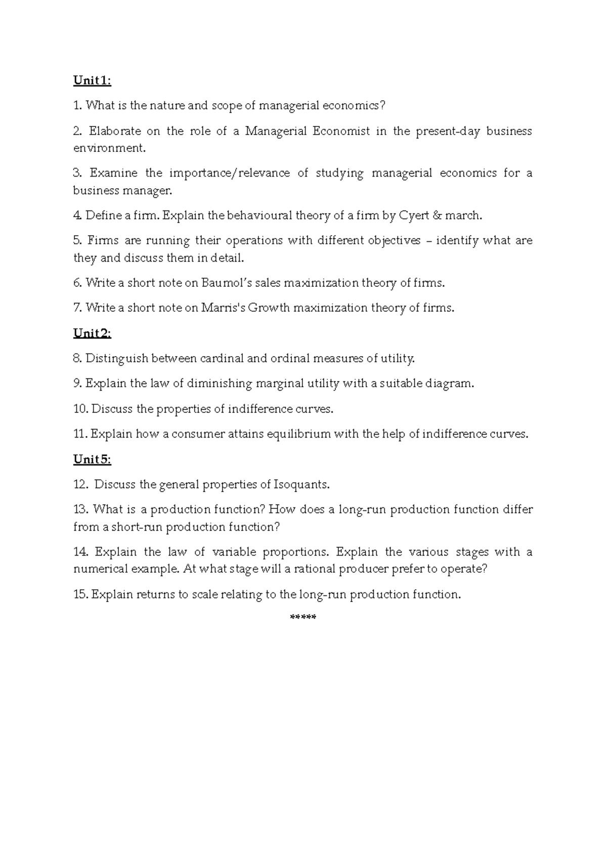 Managerial Economics Midterm Practice Questions: Units 1-5 - Studocu