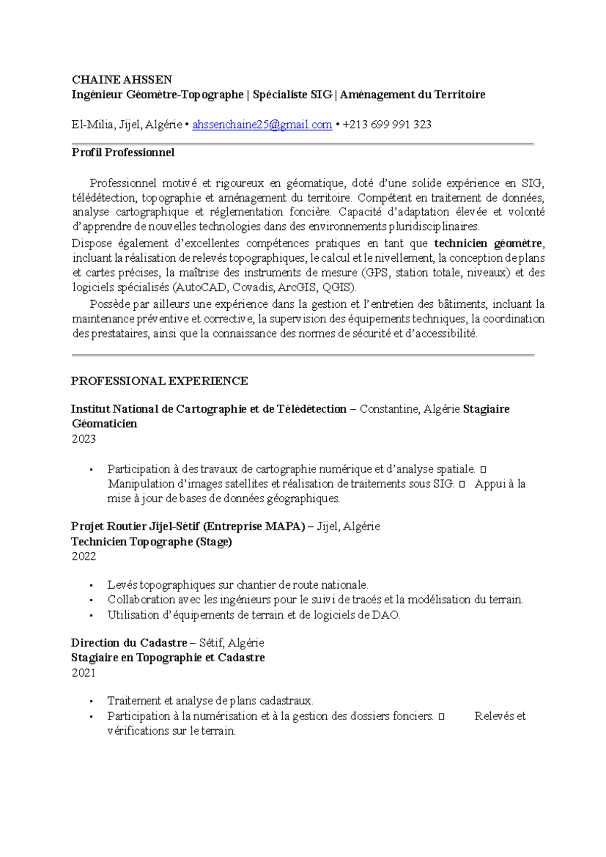 CV Professionnel de CHAINE AHSSEN - Ingénieur SIG et Topographe - Studocu