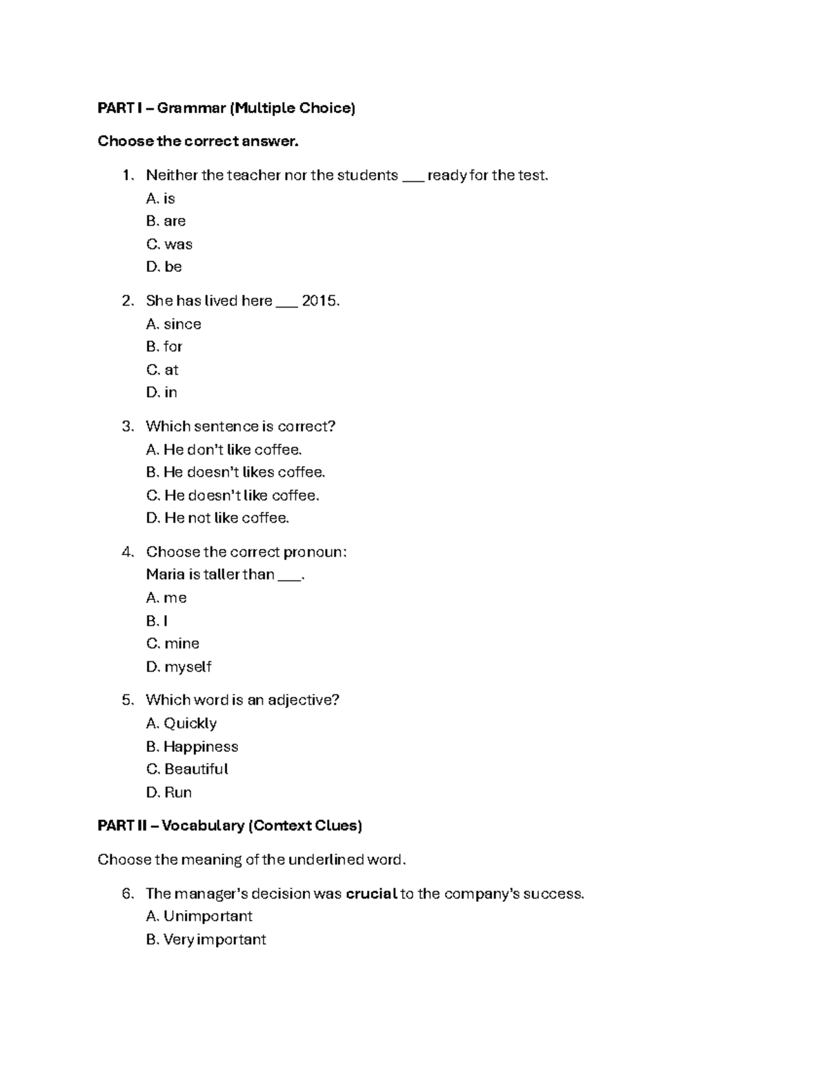 English - Grammar & Vocabulary MCQ Practice (Part I) - Studocu