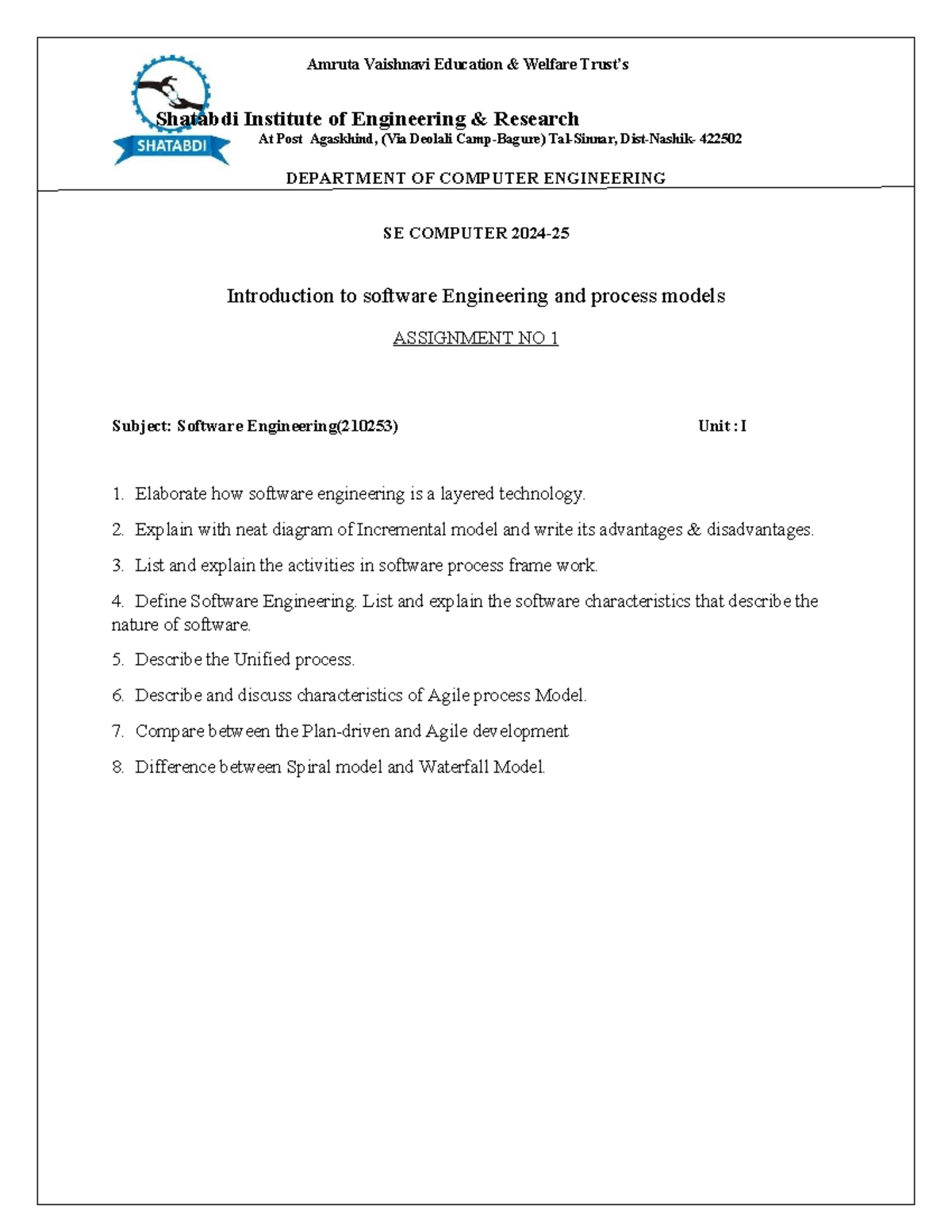 Software Engineering Assignment 1 (210253): Process Models & Frameworks ...