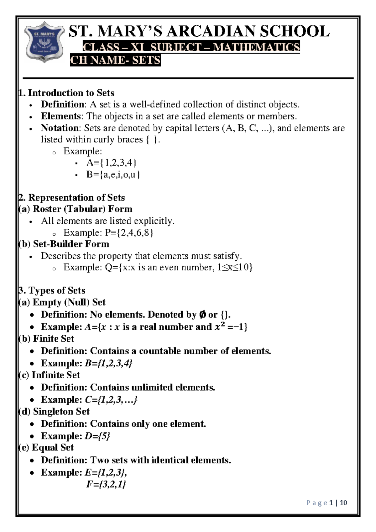 MATHEMATICS CLASS XI SETS STUDY NOTES AND EXAMPLES - Studocu
