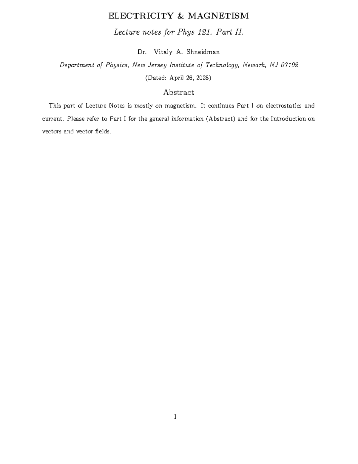 Electricity and Magnetism Lecture Notes for Phys 121 - Part II - Studocu