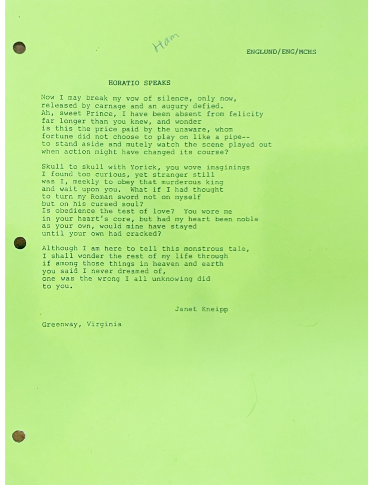Horatio Speaks - Poem - Ham HORATIO SPEAKS Now I may break my VOW of ...