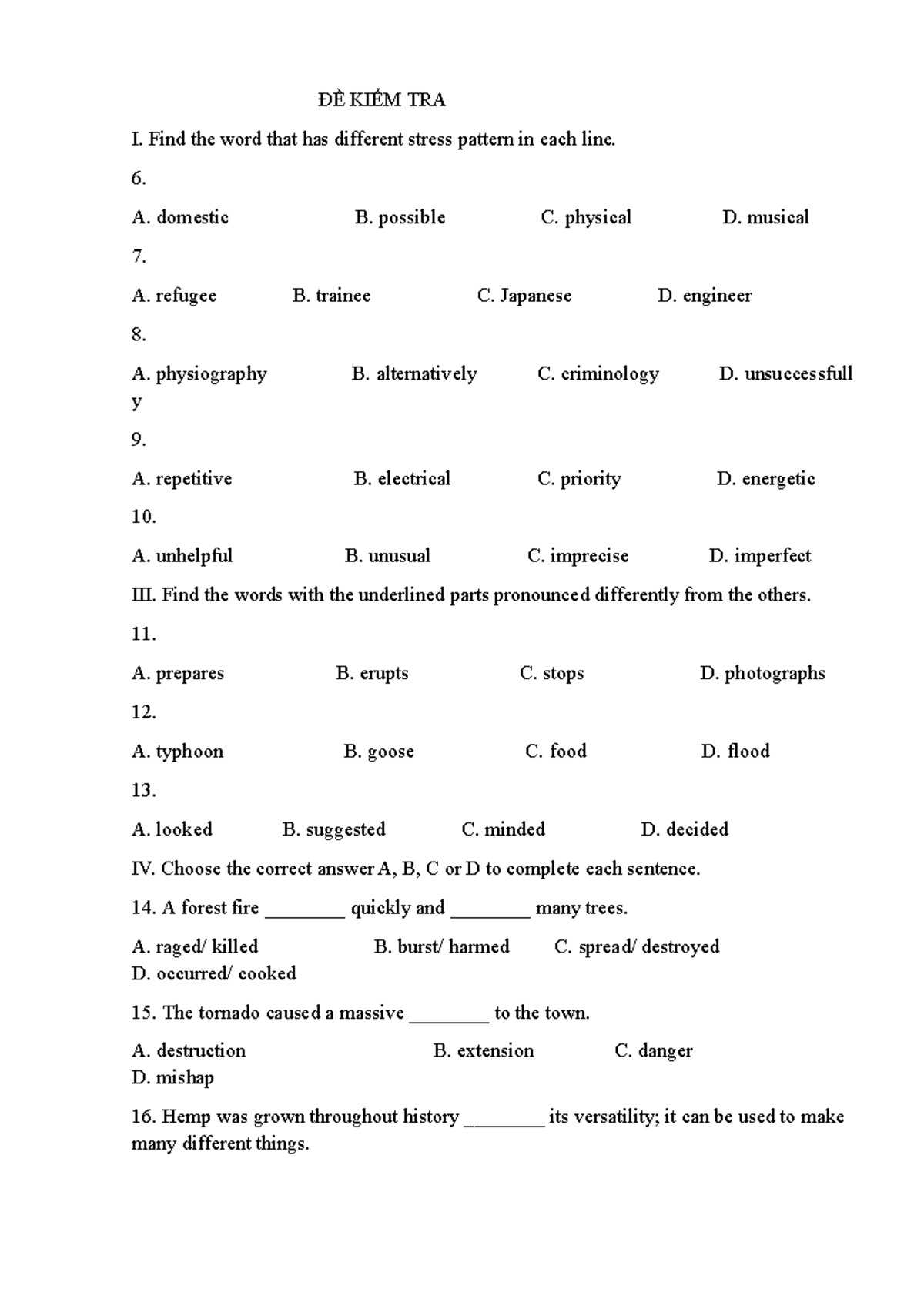 ĐỀ KIỂM TRA - Stress Patterns and Pronunciation Questions Quiz - Studocu