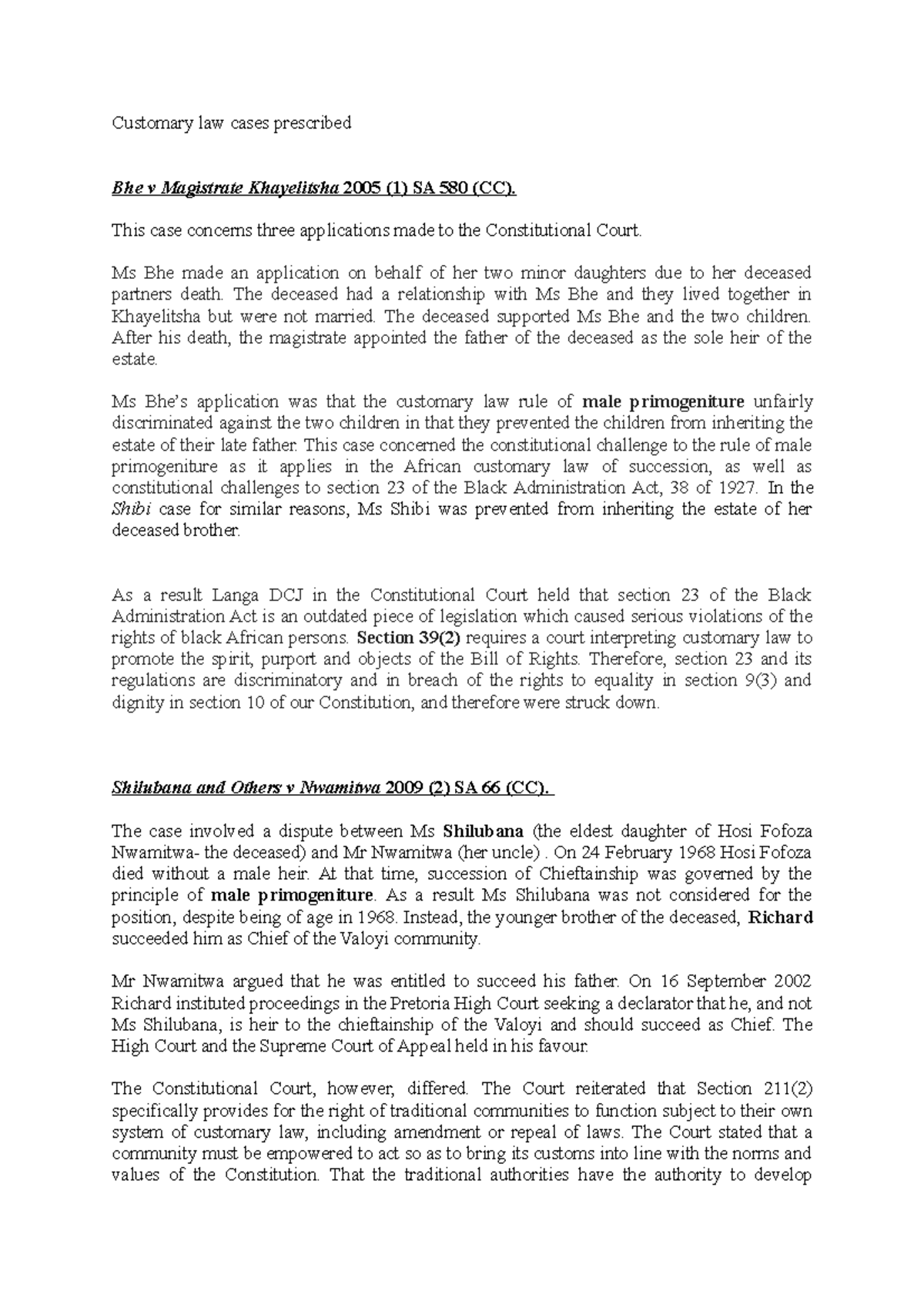 Customary Law cases - Case summary - Wits University - Studocu
