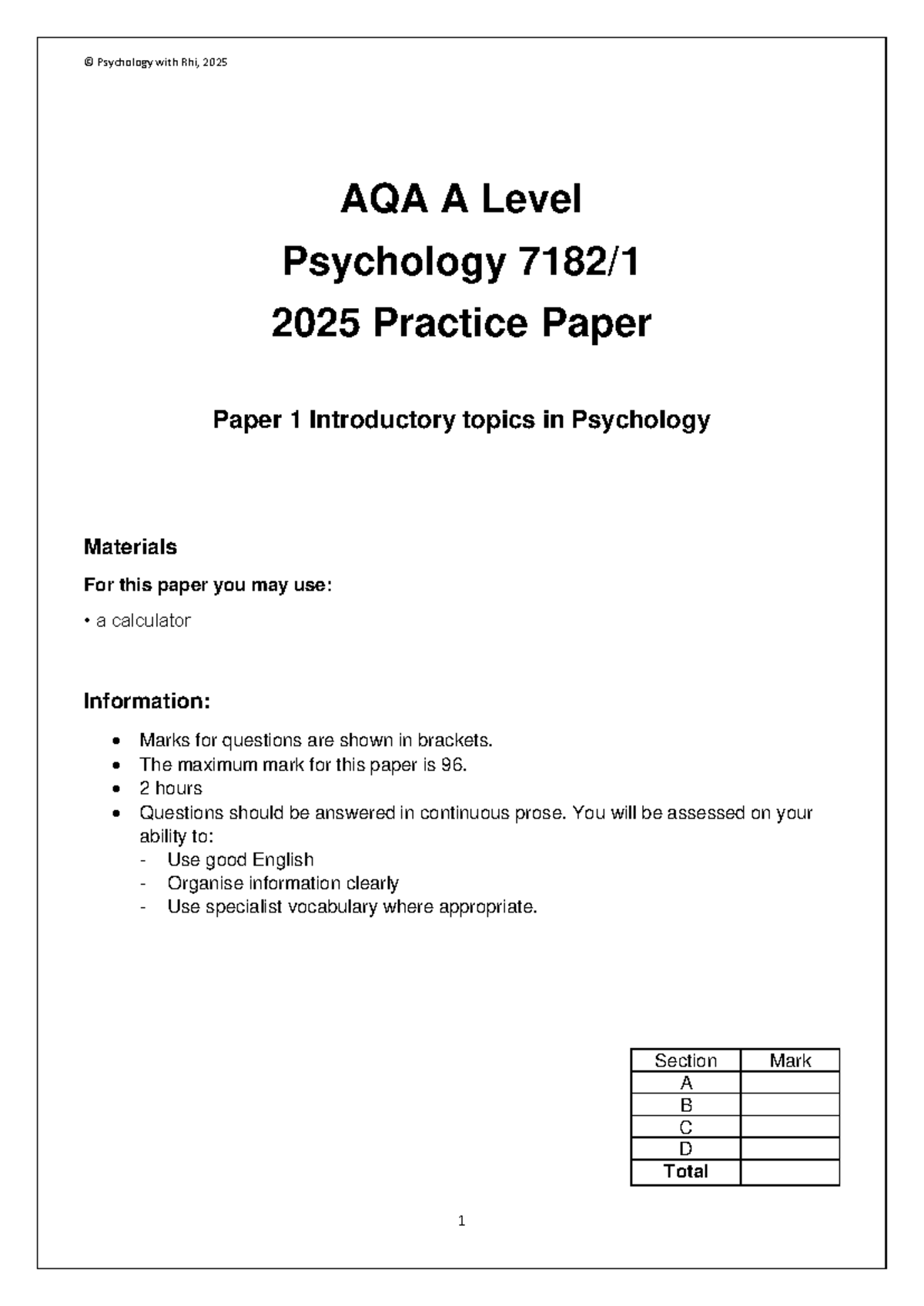 2025 AQA A Level Psychology Paper 1 Practice Questions & Answers - Studocu