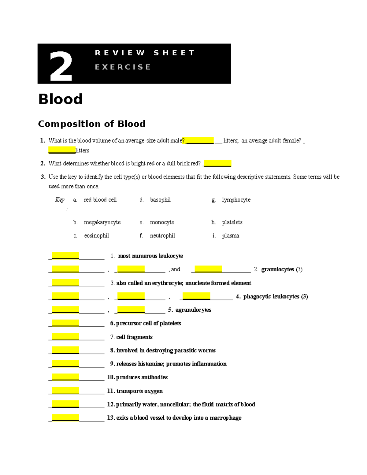 Microbiology Exercise 29: Blood Composition Review Sheet - Studocu