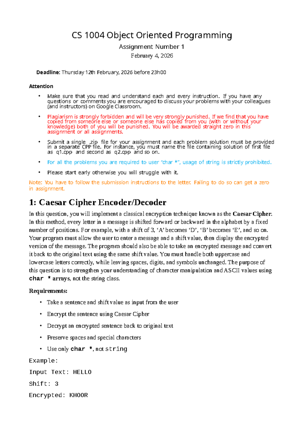 CS 1004 OOP Assignment 1: Caesar Cipher, Word Game & More - Studocu