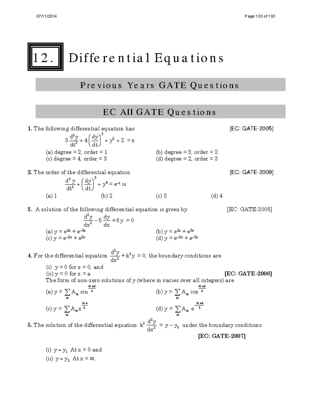 Differential Equations: Previous Years GATE Questions (EC) - Studocu