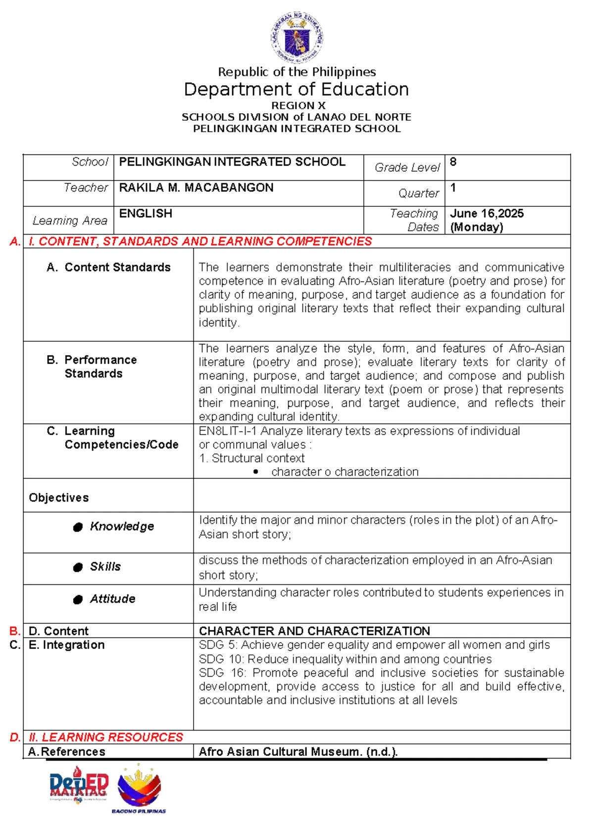Grade 8 English Lesson Plan: Character & Characterization Analysis ...