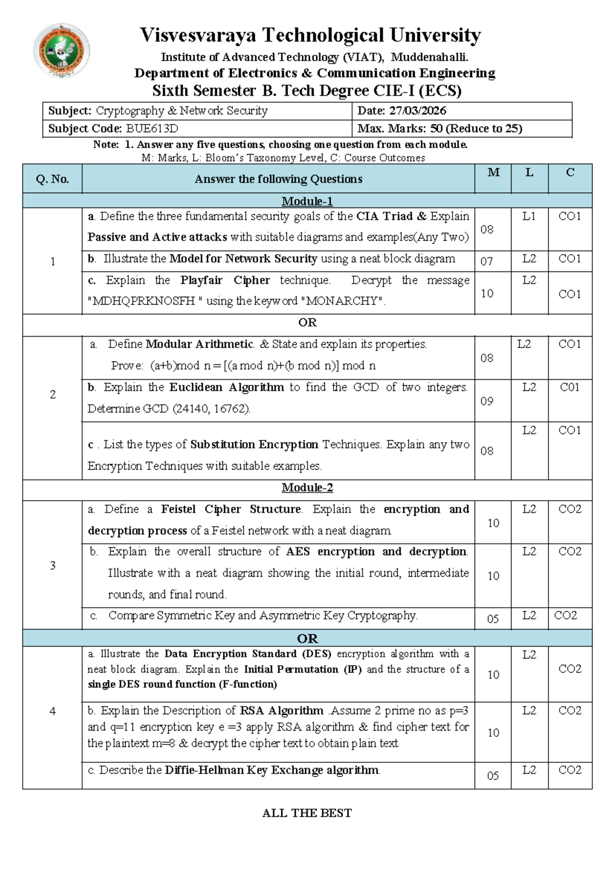 BUE613D CIE 1 ECS: Cryptography & Network Security Exam Guide - Studocu
