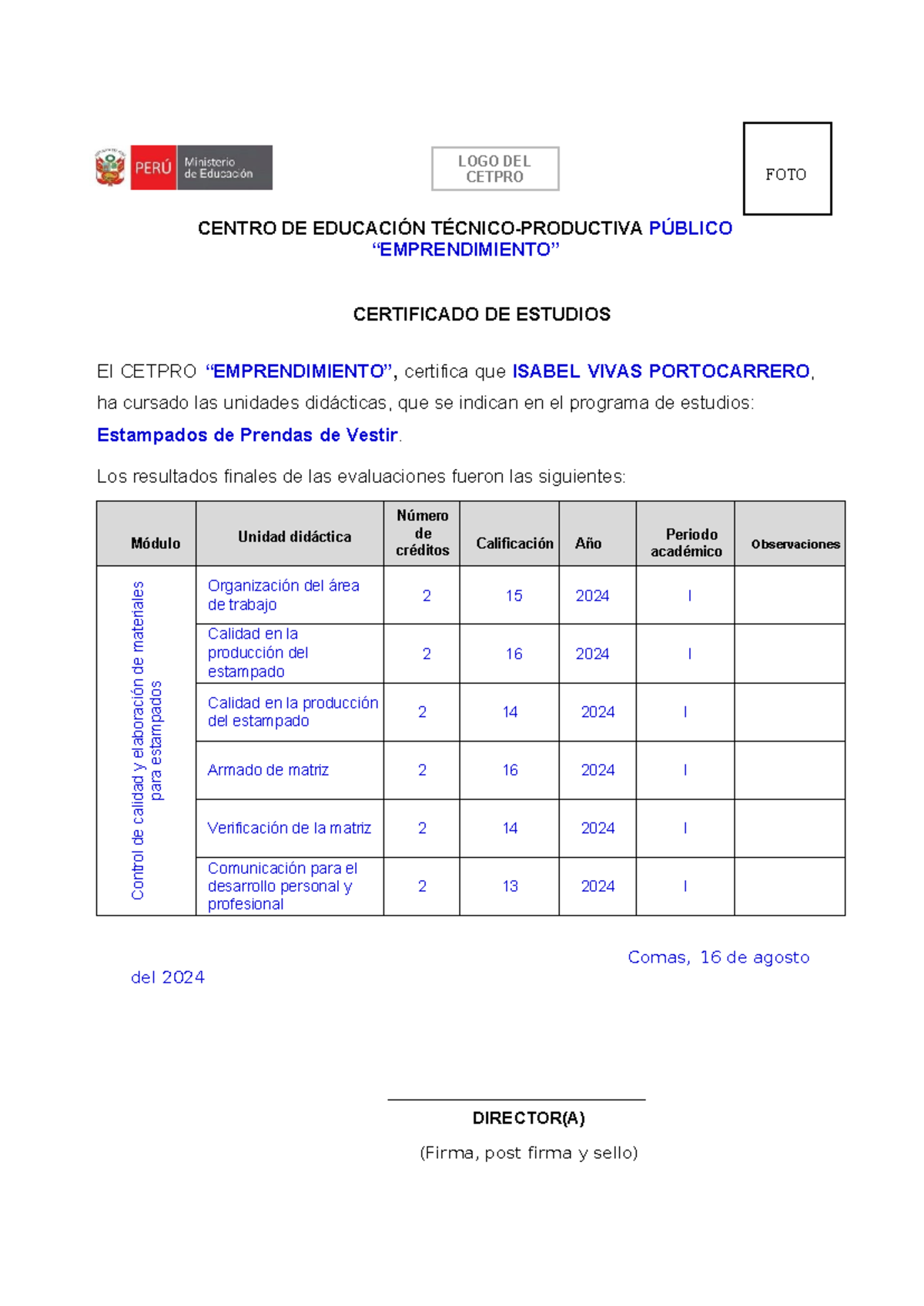 Certificado de Estudios - CETPRO "EMPRENDIMIENTO" 2024 - Document Preview
