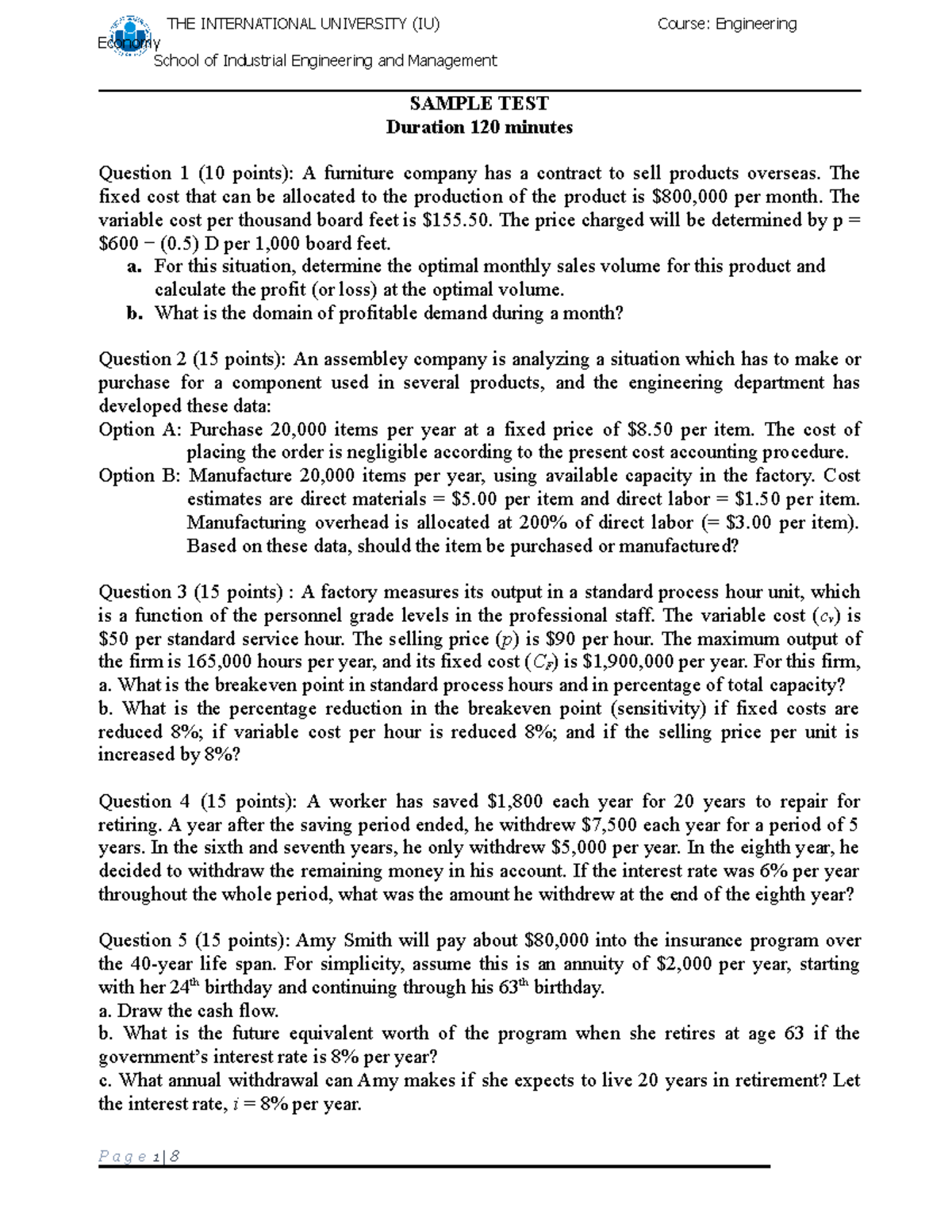 EE Midterm Exam Sample Test & Solutions for Industrial Engineering ...