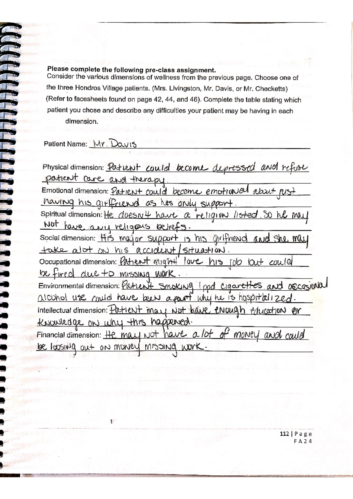 NUR 150 Week 6 PCA - Patient Wellness Assignment and Medication ...