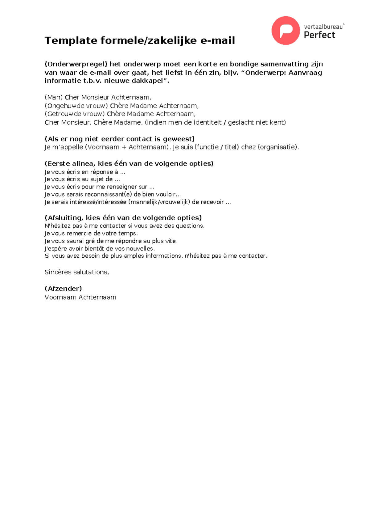 Template voor Formele Zakelijke E-mail in het Frans - Studeersnel