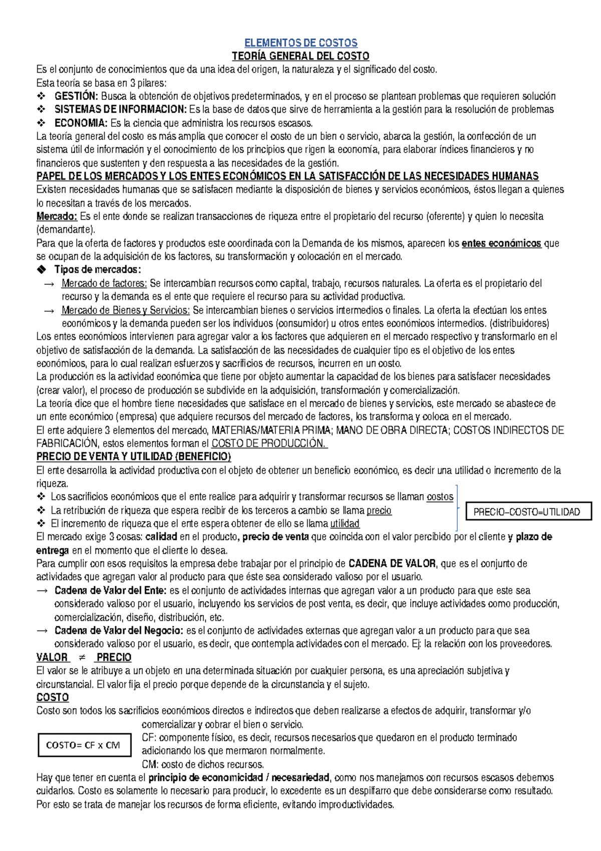 Resumen de Costos - Unidad 1: Teoría General del Costo y Clasificación ...
