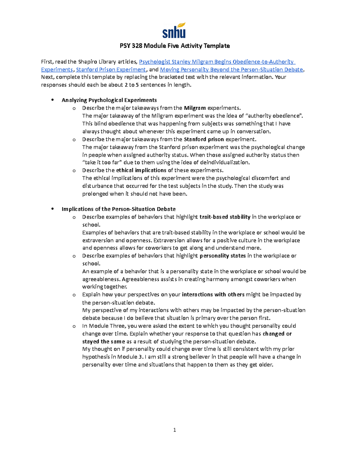 PSY 328 Module Five Activity Template - PSY 328 Module Five Activity ...