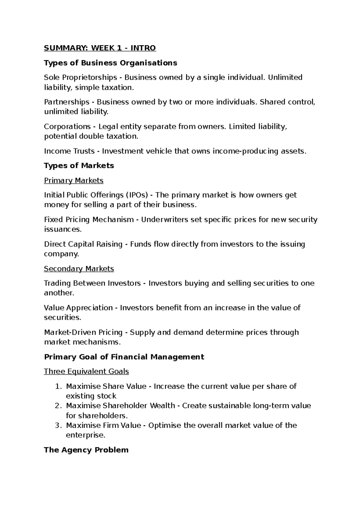 BUS 101: Week 1 Summary of Business Organisations and Financial ...
