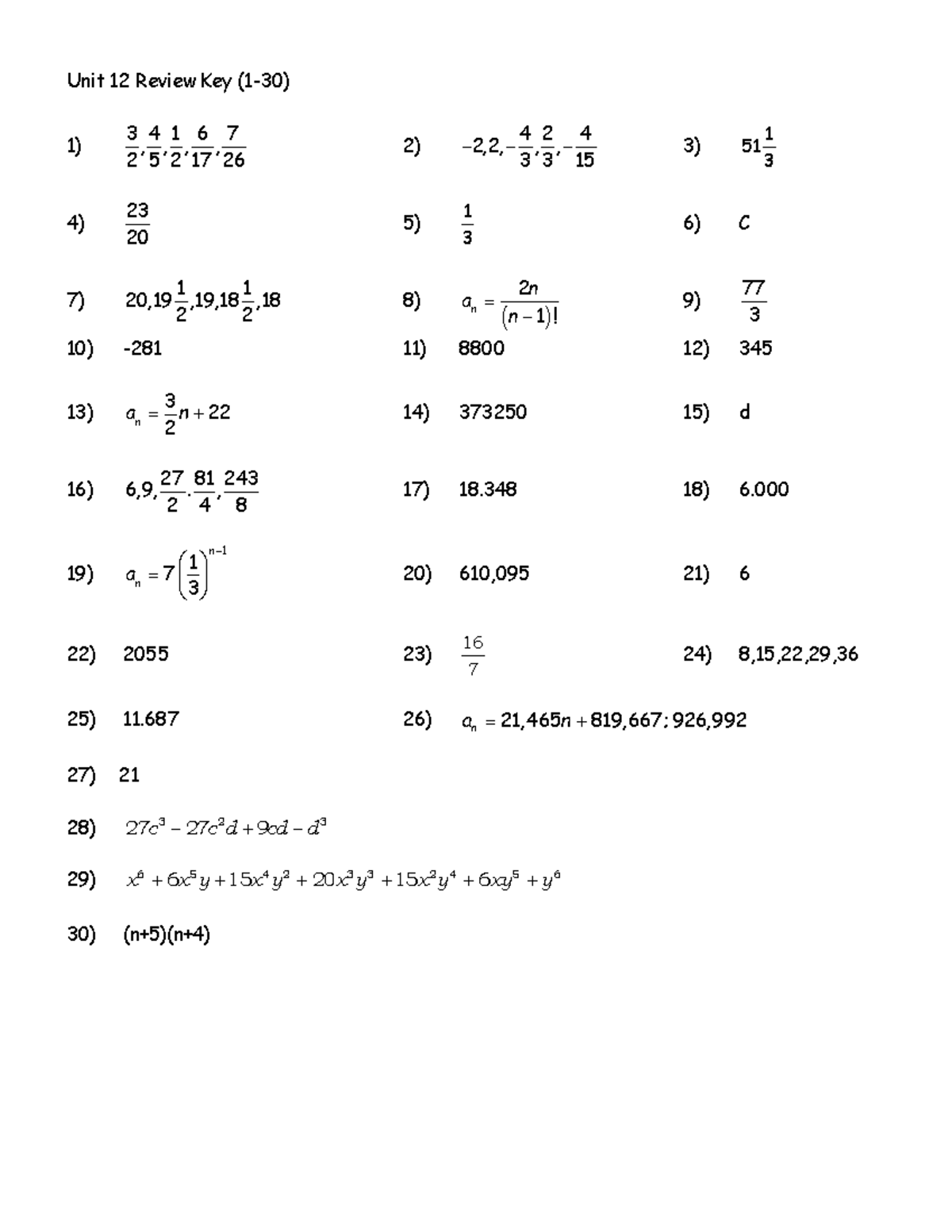 Unit 12 Test Review Key - Unit 12 Review Key (1-30) 1) 3 4 1 6 7 ...
