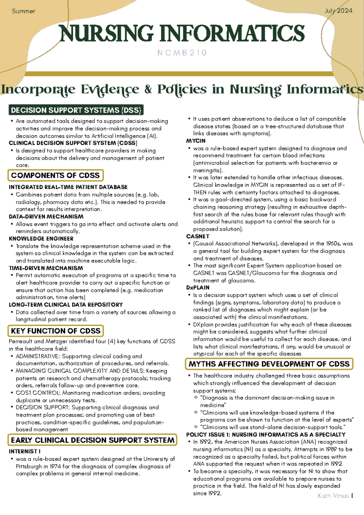 NURSING INFORMATICS NCMB210: Evidence & Policies in Decision Support ...