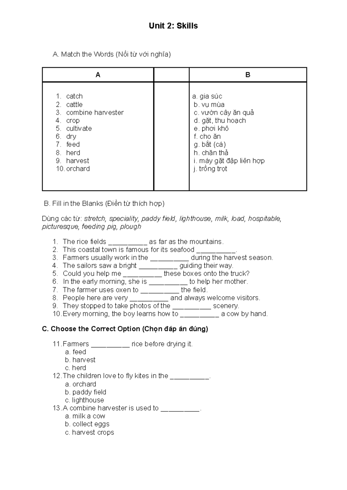 Unit 2: Skills - Vocabulary Matching and Reading Comprehension - Studocu