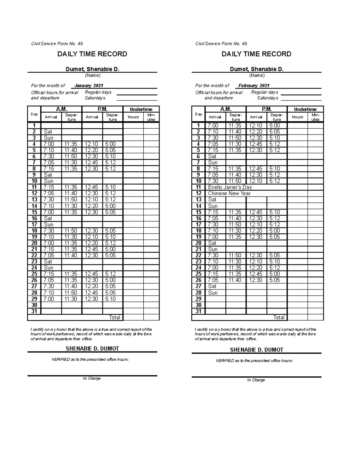 Daily Time Record (DTR) for Employees: January to April 2021 - Studocu
