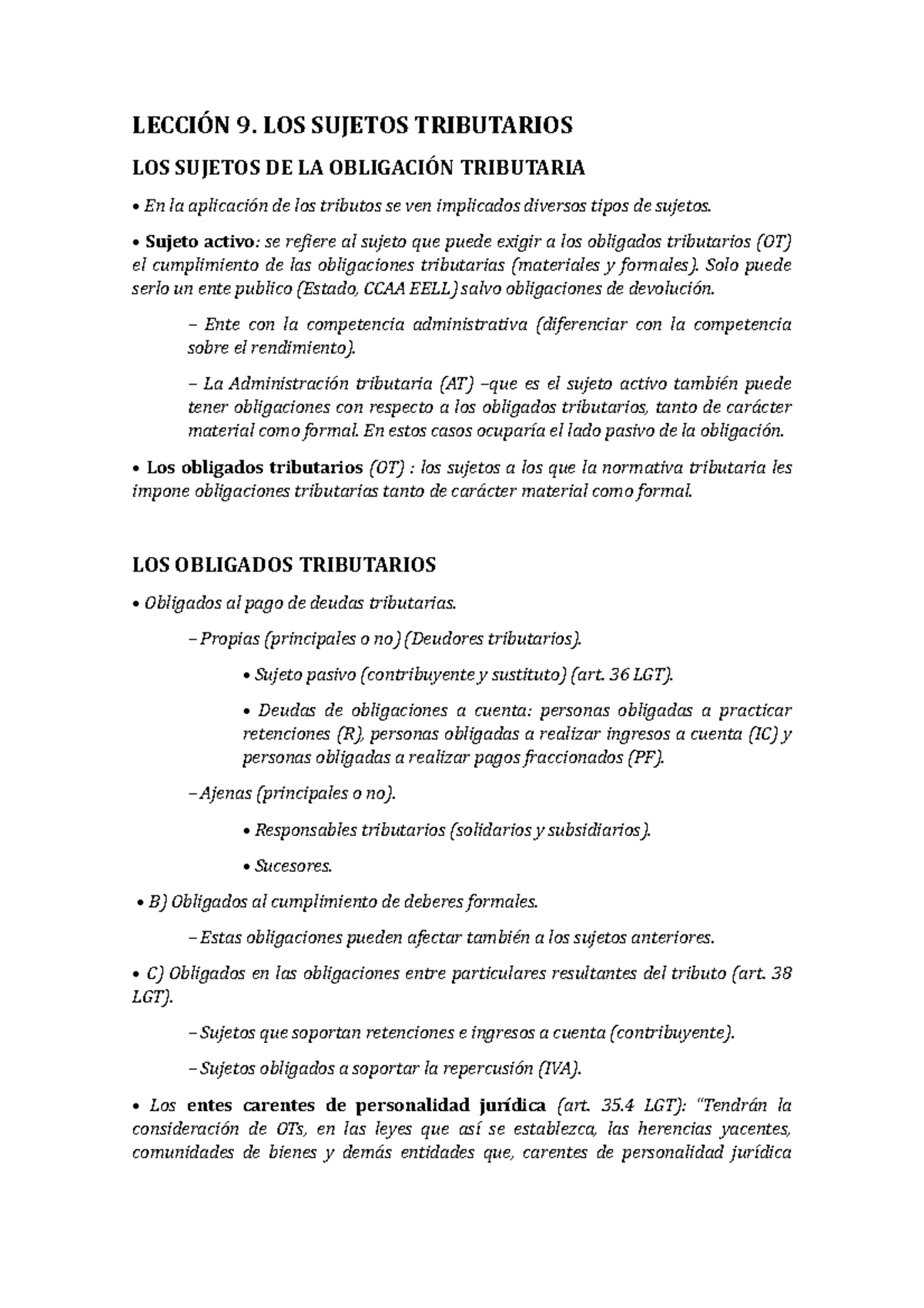 Lección 9: Sujetos Tributarios y Obligaciones Legales (LGT) - Studocu