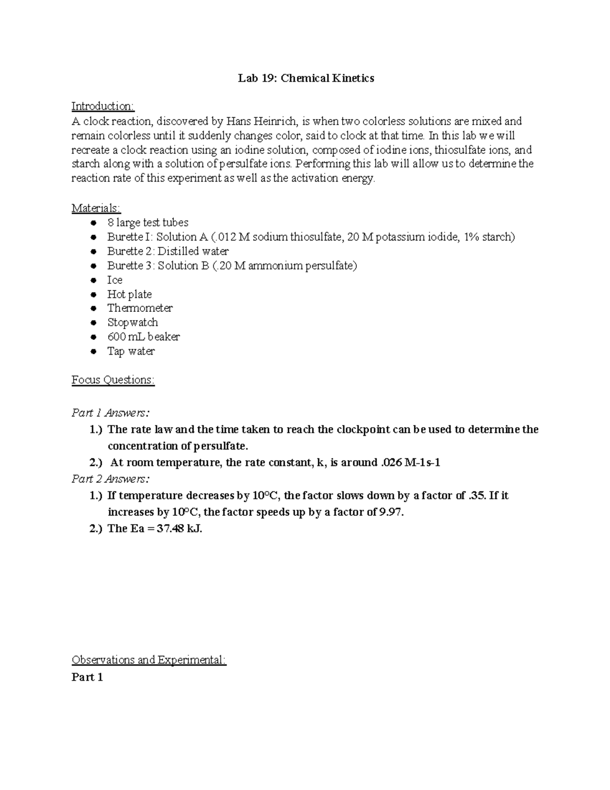 Lab 19: Chemical Kinetics - Clock Reaction Experiment Report - Studocu