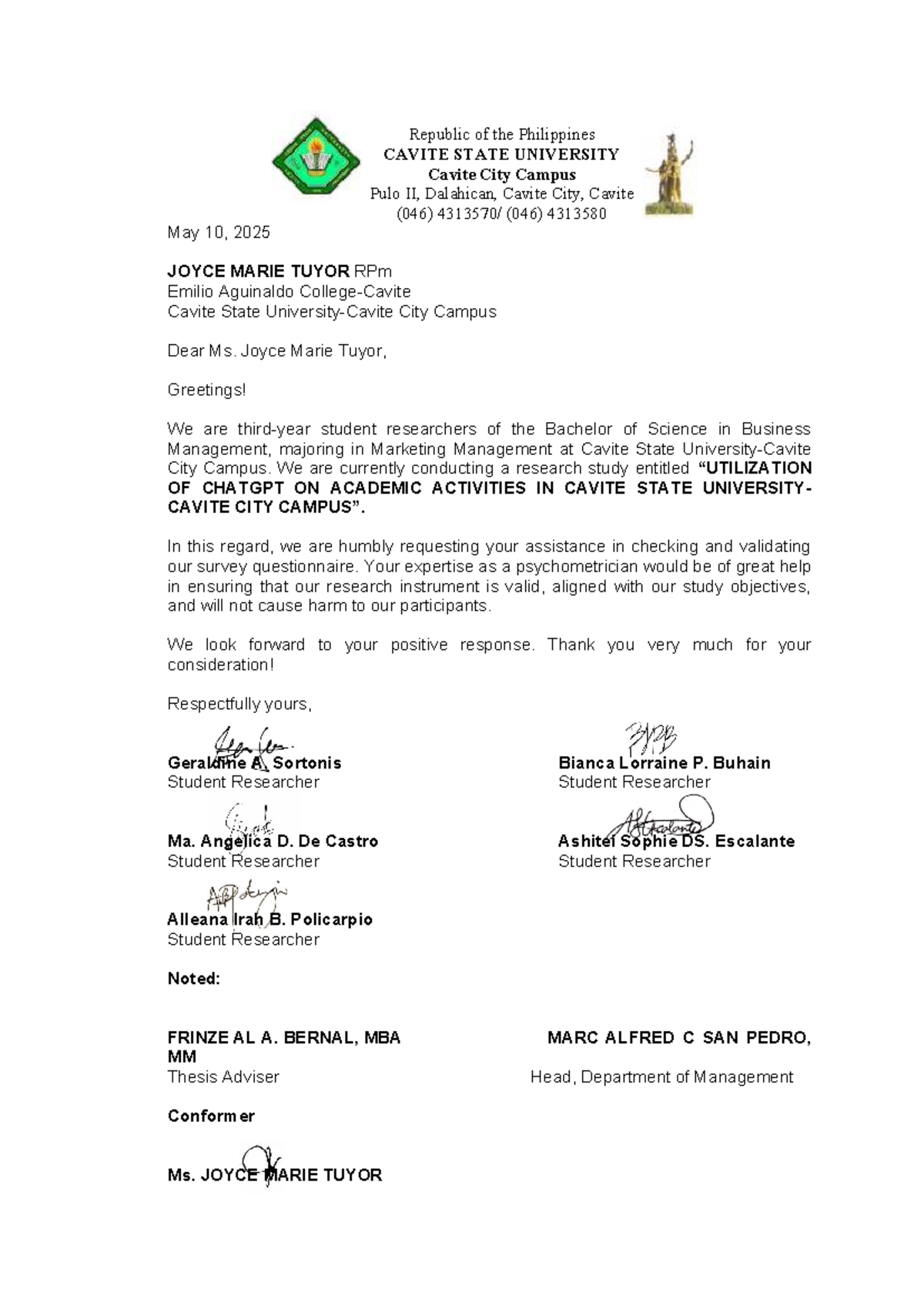 Validation Letter for Research Study on ChatGPT in Acad. Activities ...
