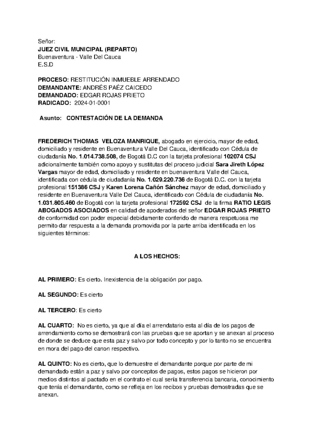 Contestación de Demanda en Proceso de Restitución de Inmueble AR-2024 ...