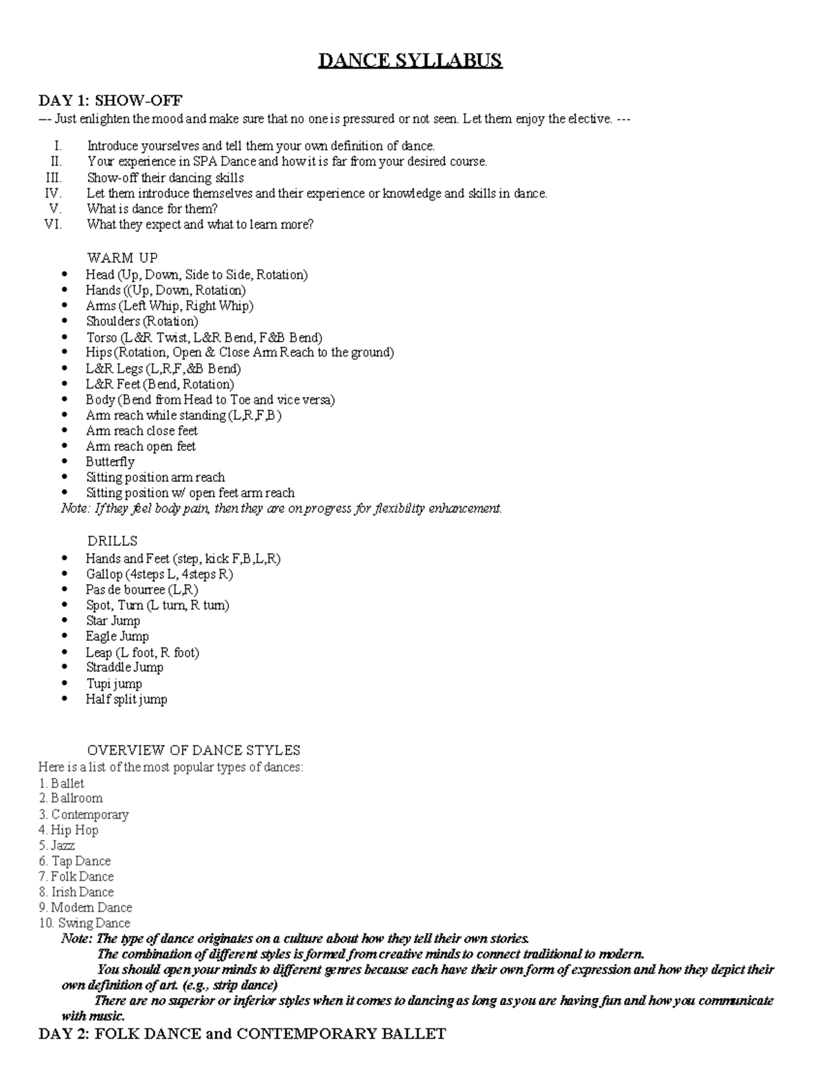 DANCE SYLLABUS: Day 1-5 Overview of Styles & Techniques - Studocu