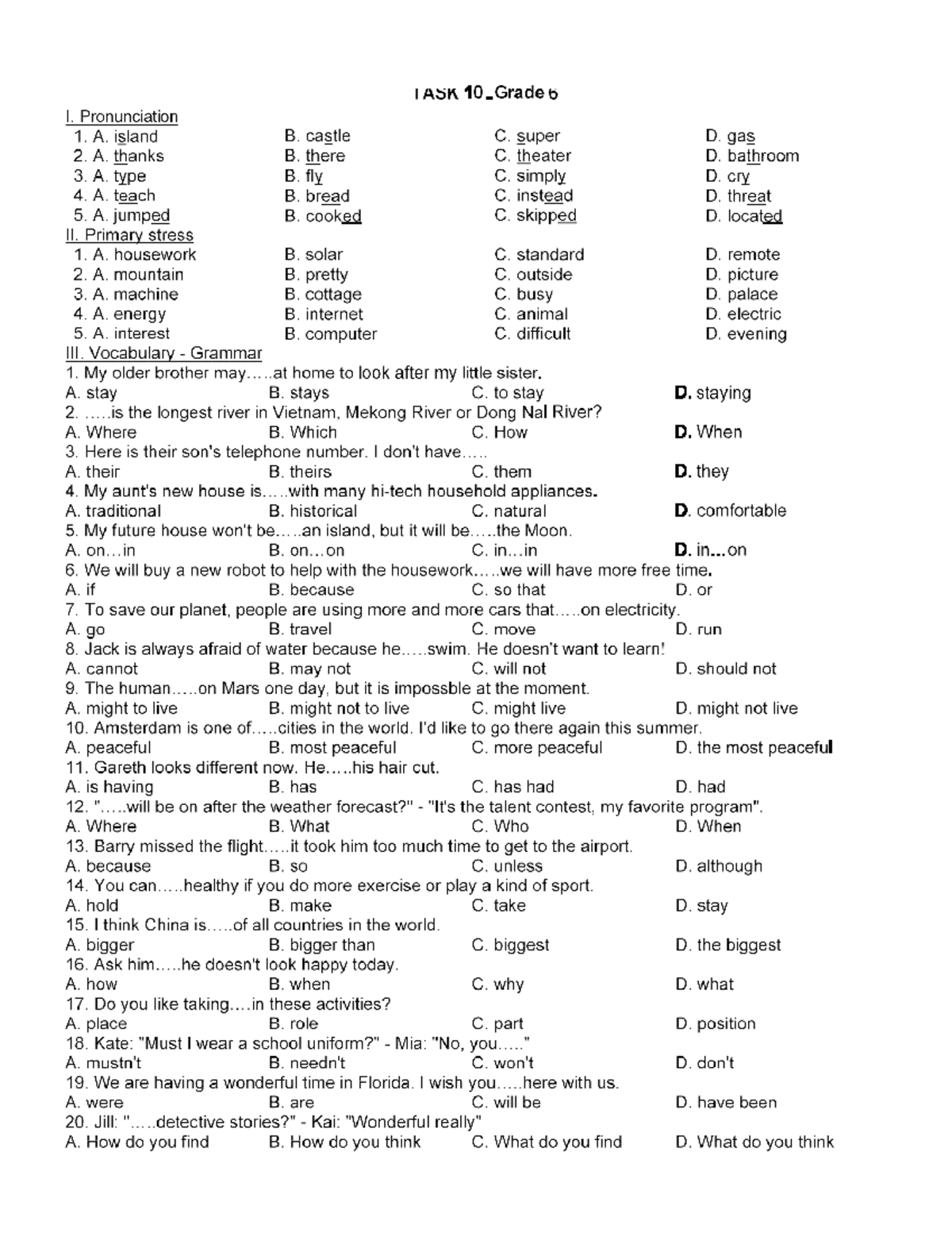 G6 Task 10 - Practice Exercises for Unit 10 Pronunciation & Grammar
