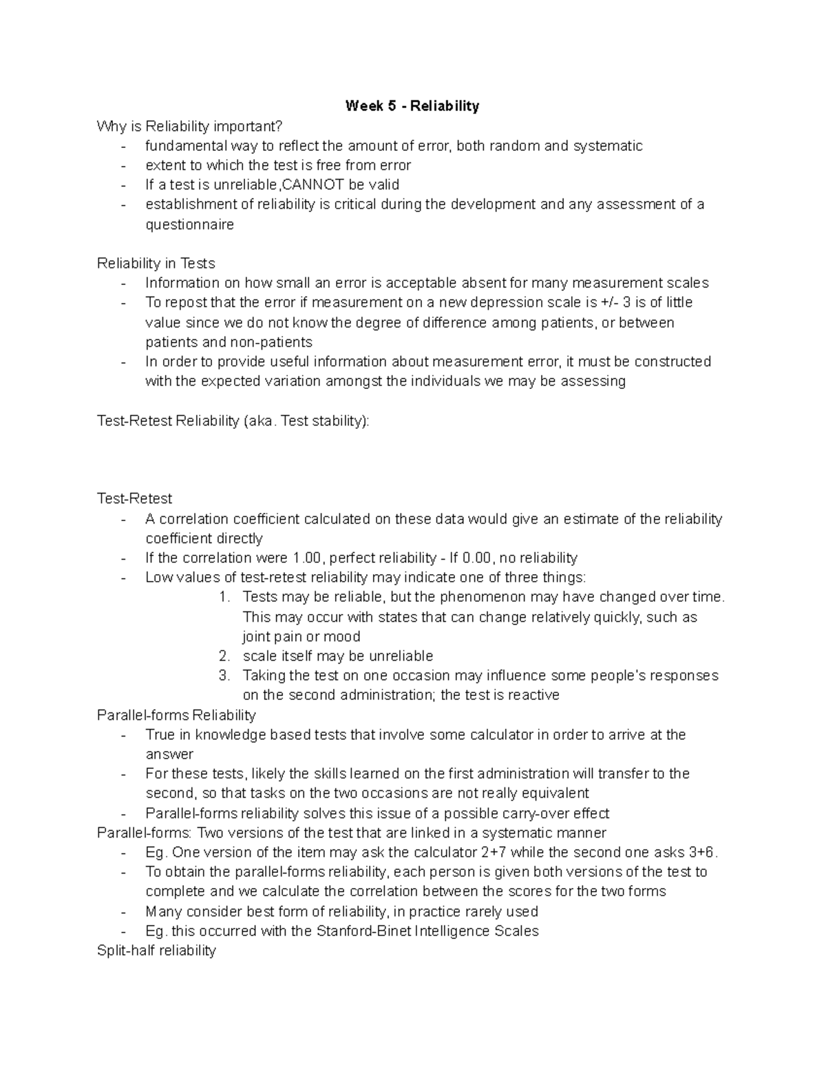 PSYCH 2080 MD 2 - Lecture notes - Week 5 - Reliability Why is ...