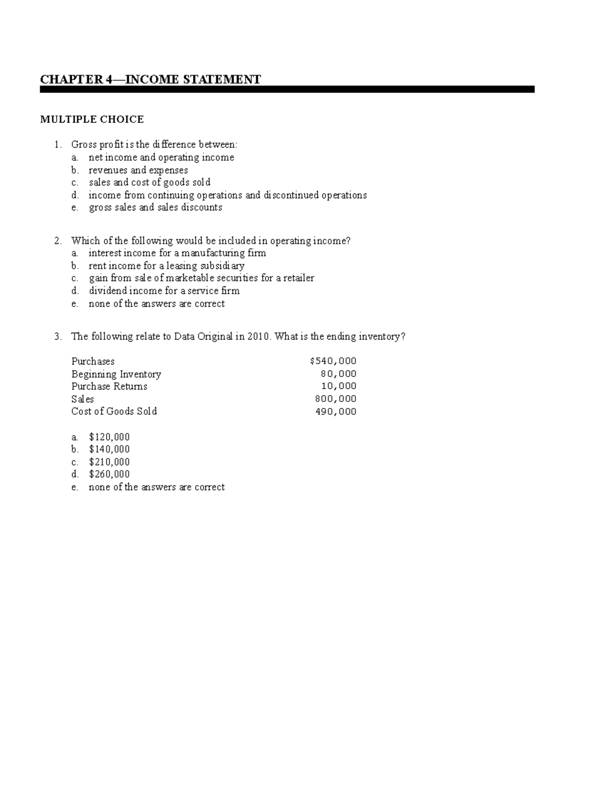 Chapter 4 Test Bank: Income Statement Multiple Choice Questions - Studocu