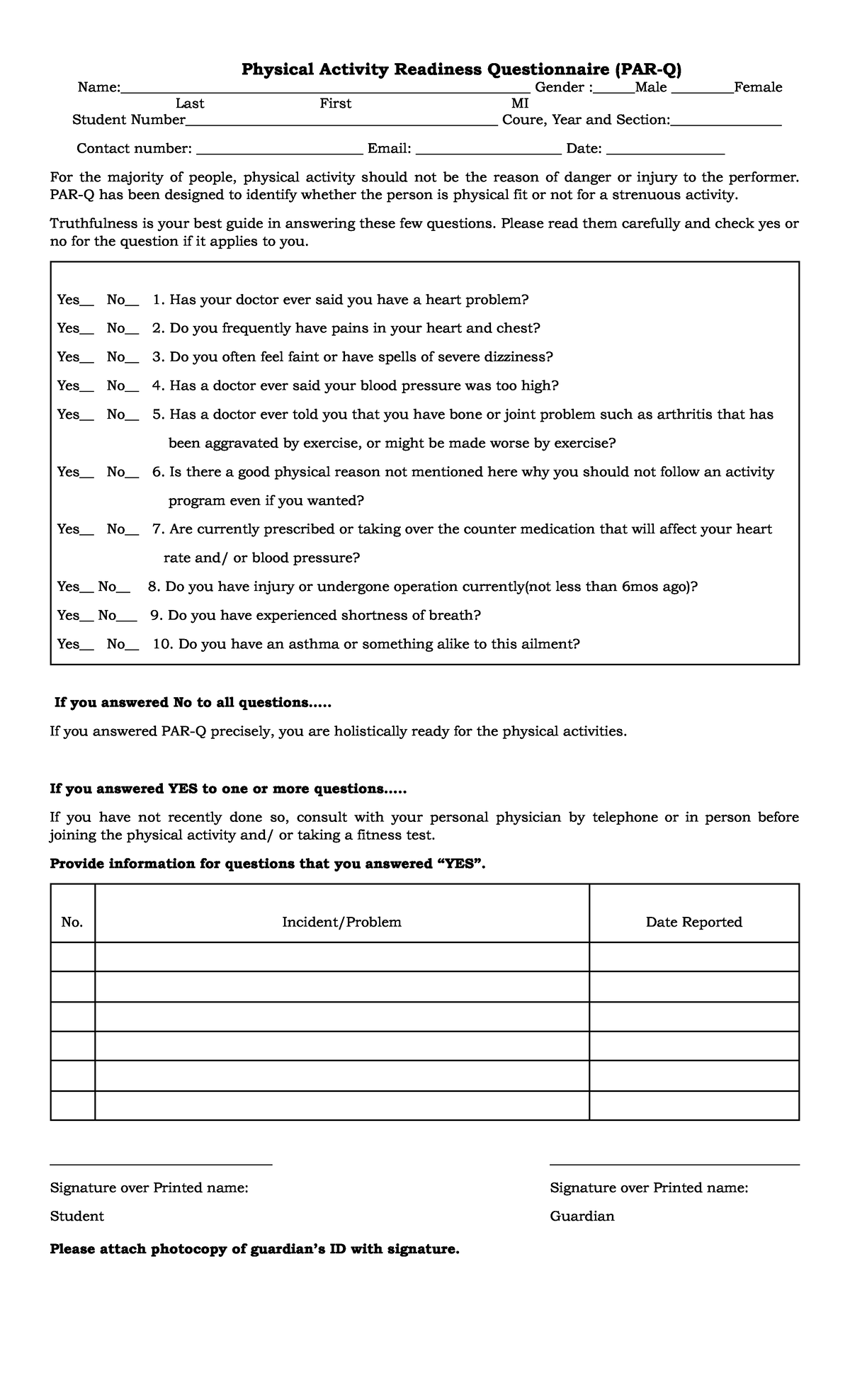 PAR-Q Form 1 - Physical Activity Readiness Questionnaire for P.E. - Studocu