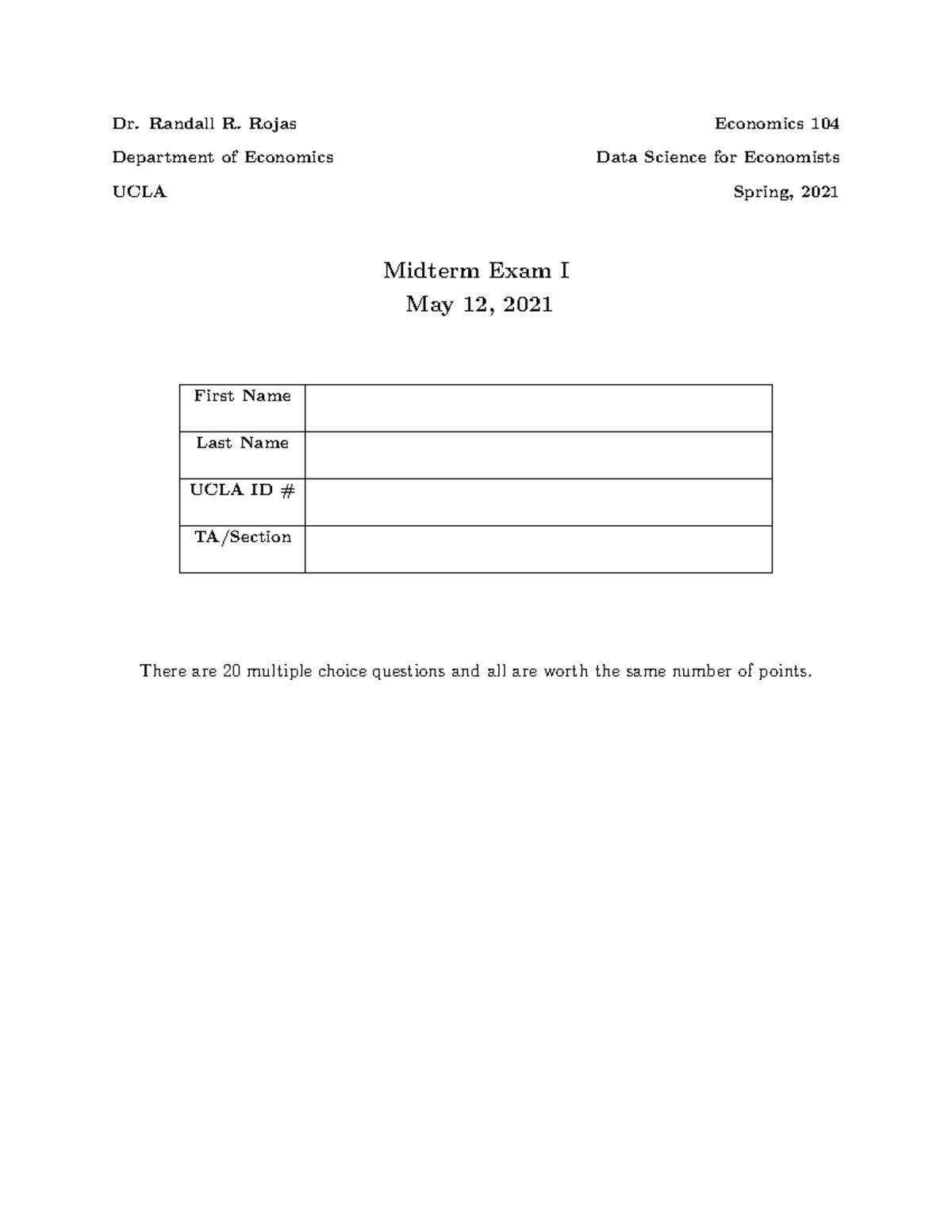 Midterm Exam I ECON 104 Spring 2021: Key Questions and Insights - Studocu