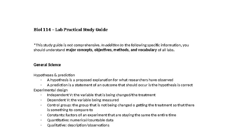 Biol 114 Lab Practical Study Guide: Key Concepts & Methods - Studocu