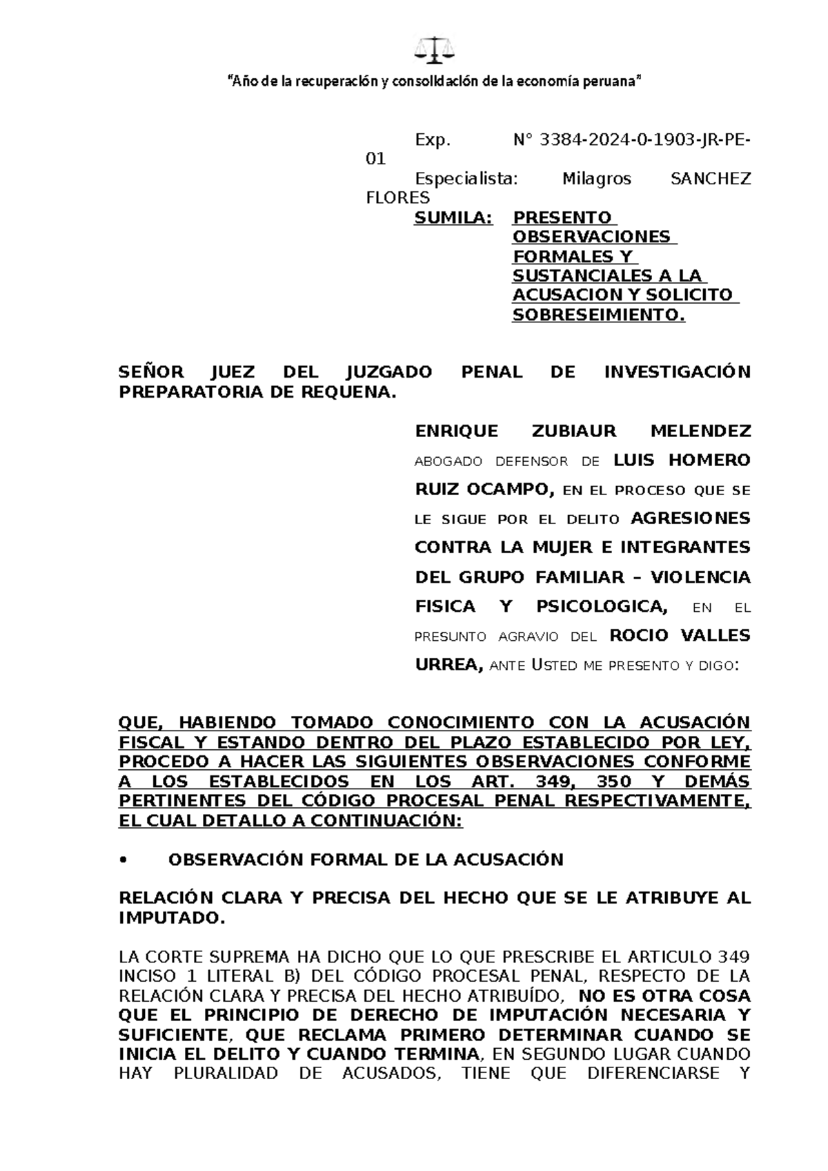Observaciones Formales y Solicitud de Sobreseimiento en Exp. N° 3384-2024-0-1903-JR-PE- - Document Preview