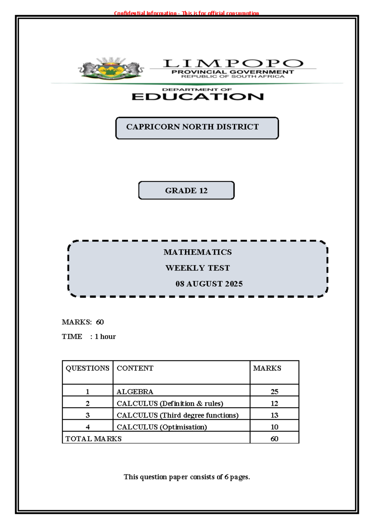 2025 NSC Gr 12 Maths Weekly Test 1 - Capricorn North - Studocu