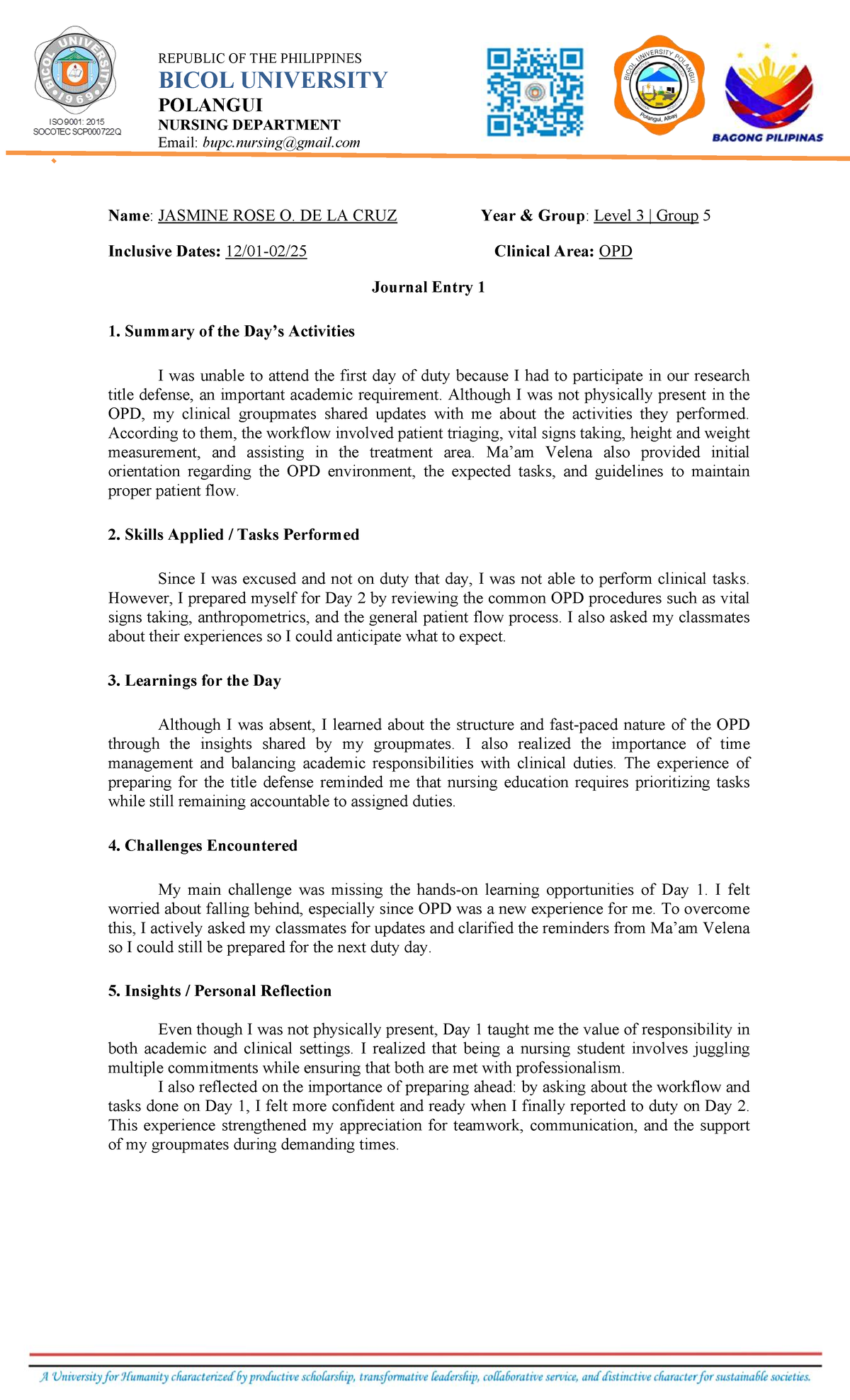 Journal for OPD Experience - Level 3 Nursing (Clinical Duty) - Studocu