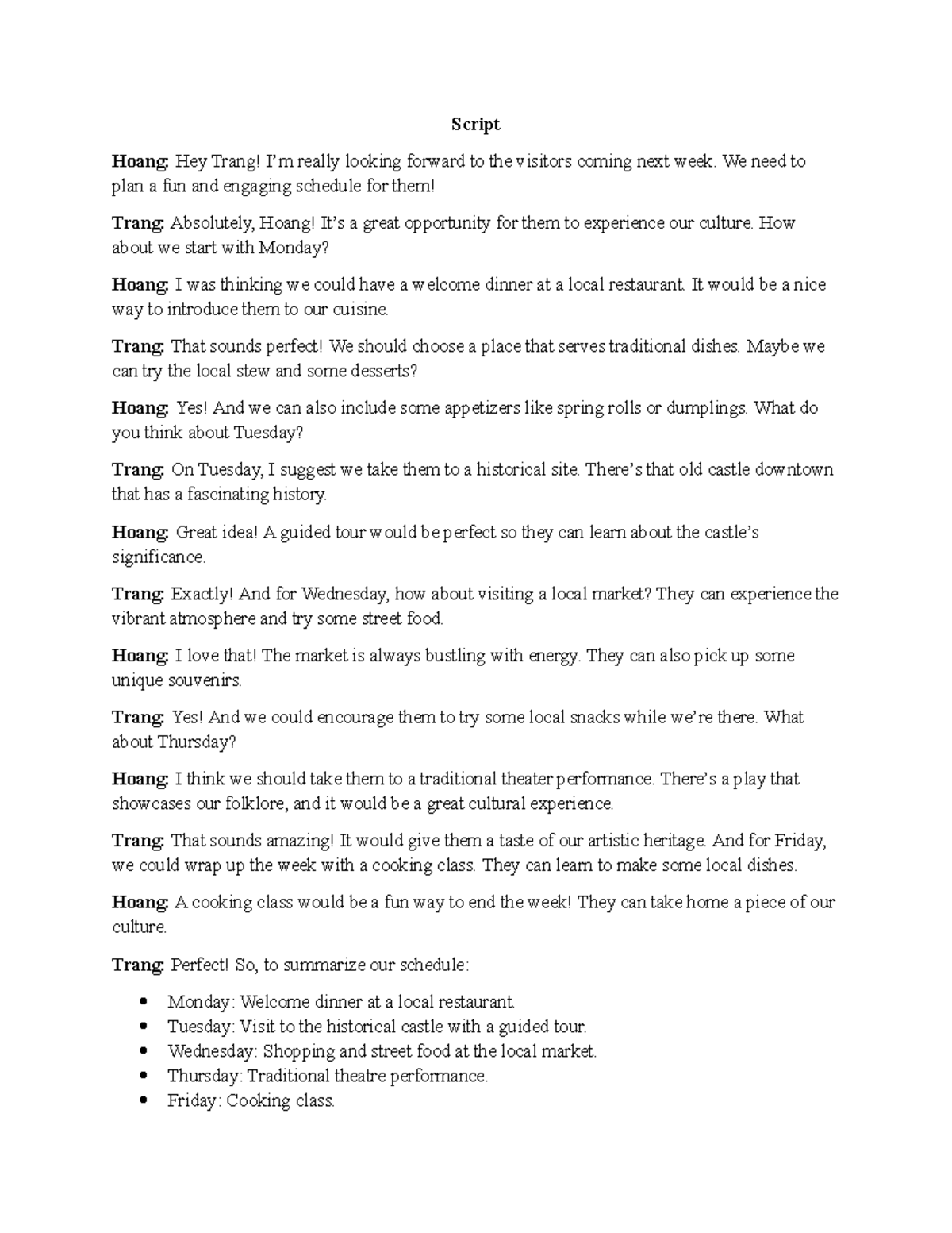Self Study 2: Speaking Script for Visitor Schedule Planning - Studocu