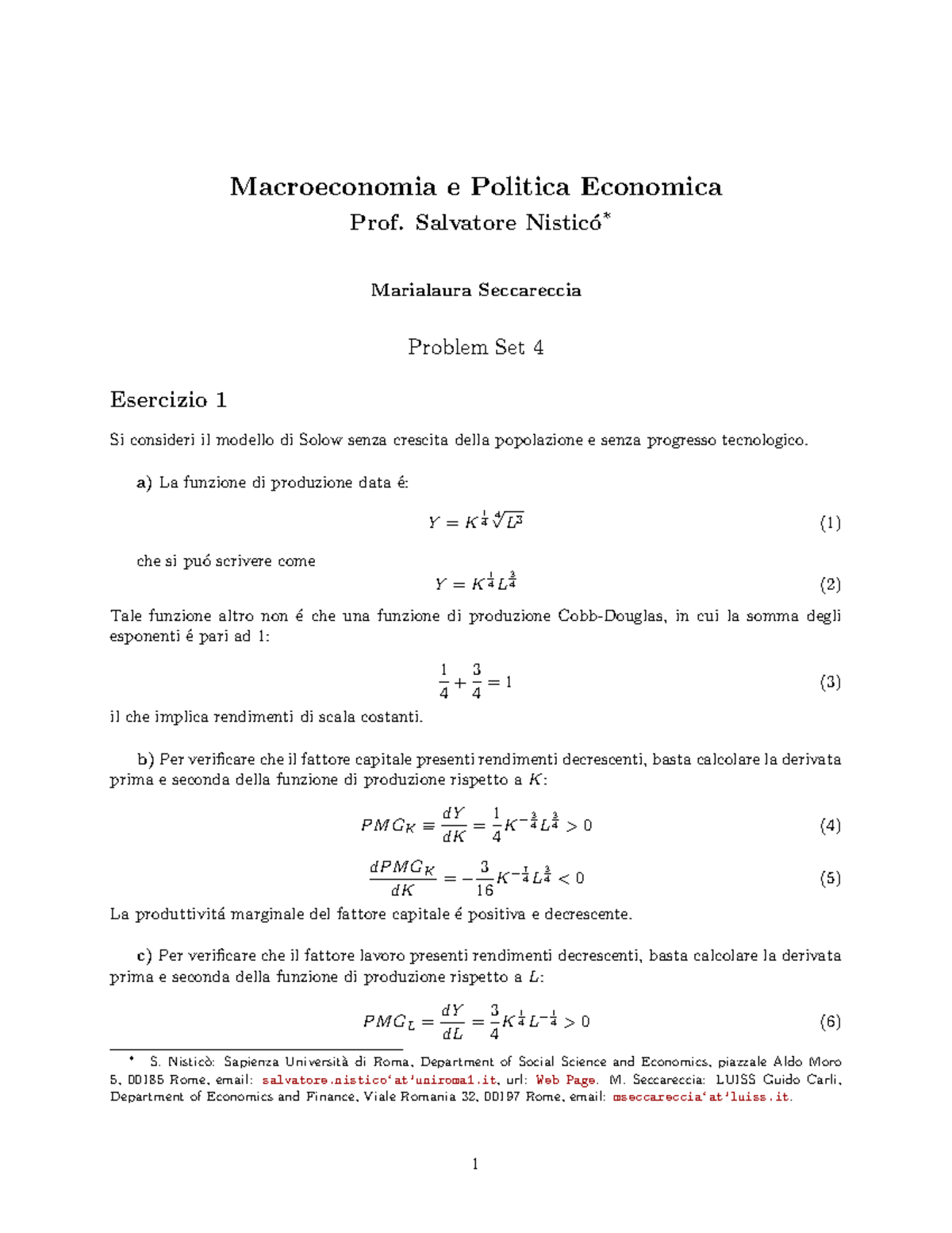Problem Set 4 Macro - Macroeconomia e Politica Economica Prof ...