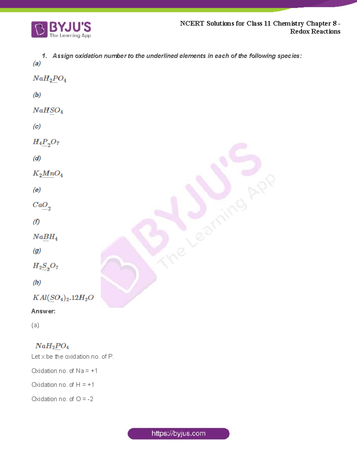 NCERT Solutions for Class 11 Chemistry Chapter 8: Redox Reactions - Studocu